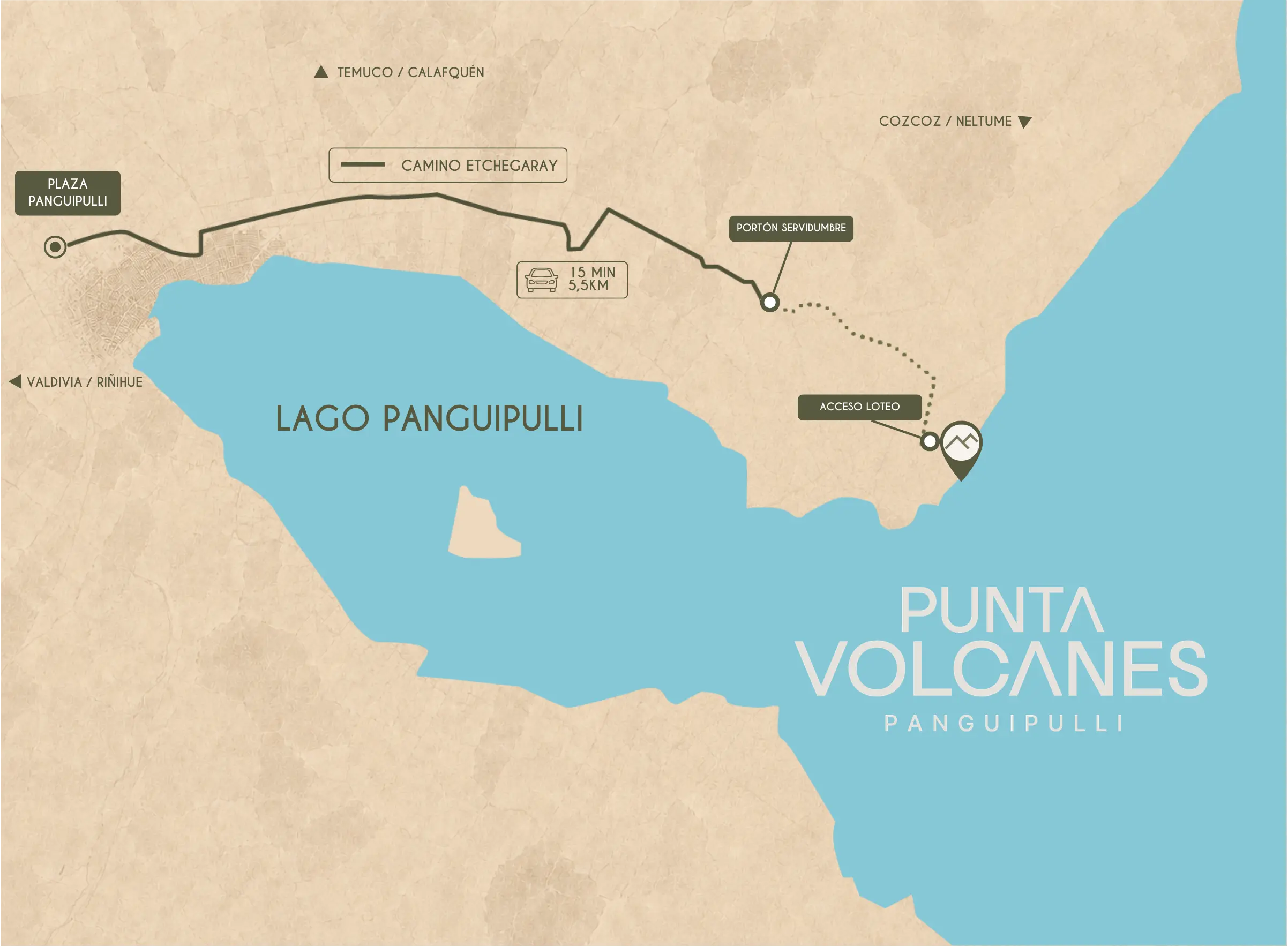 Mapa de cómo llegar a Punta Volcanes: desde Panguipulli por Camino Etchegaray hasta el acceso privado en la ribera norte del lago Panguipulli.